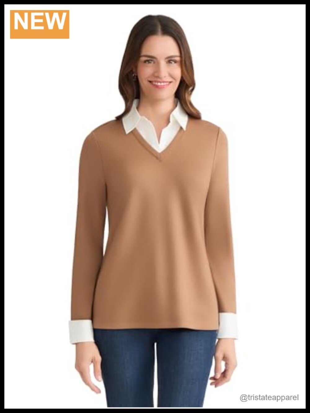 Long Sleeve Knit Shirt with Poplin Cuffs and Collar - Women's Blouse